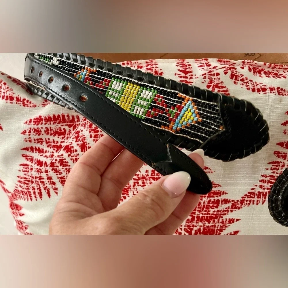 Vintage Belt Leather Beaded Native American Black MultiColor Size Small Navajo